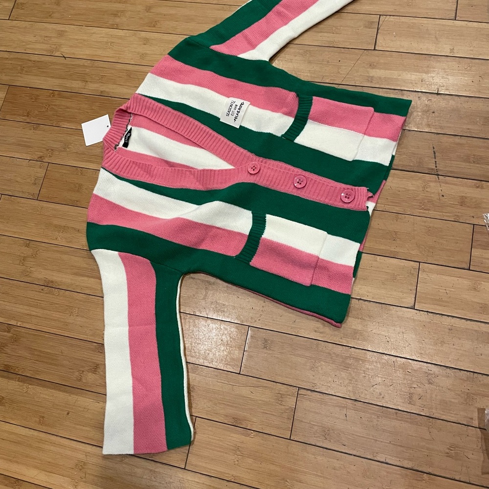 Bold Striped Pink, Green & Cream Cardigan Sweater - Picture 6 of 8